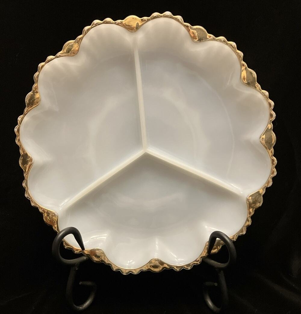 VTG Anchor Hocking Fire King Gold Trim White Milk Glass Divided Relish Tray 10”